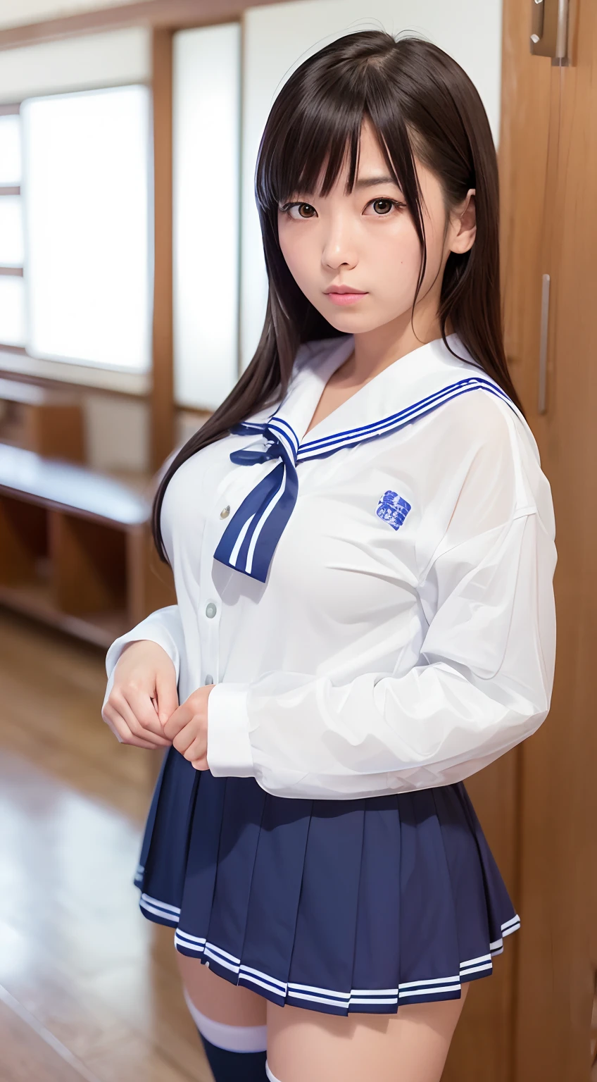 ​master piece , Best Quality , Japanese , Cute face , 25 years old , (symmetric clear eyes:1.3) , Shining eyes , Looking at Viewer , Cowboy Shot,a sailor suit,Big Breast,Takushiage,Ha High School Uniforms