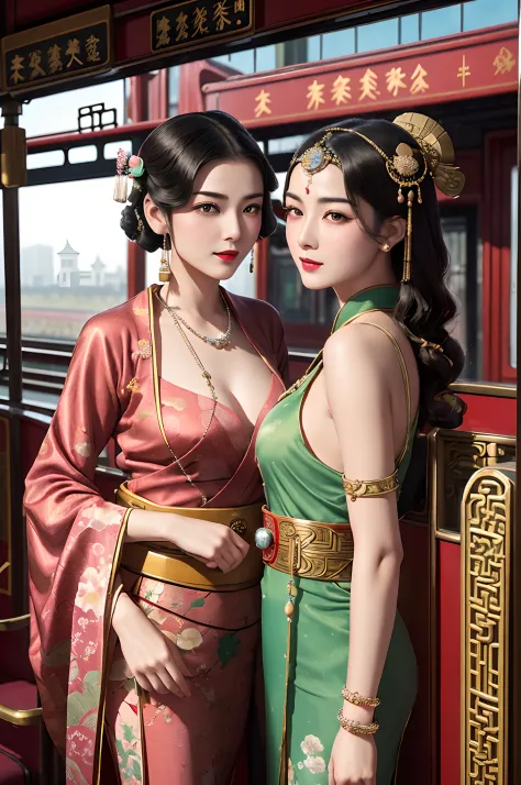 Two beautiful girls,leering:1.4, Lovers, lesbians,(in the railway station 1920's Shanghai,retro train background:1.6),(Taoist ha...