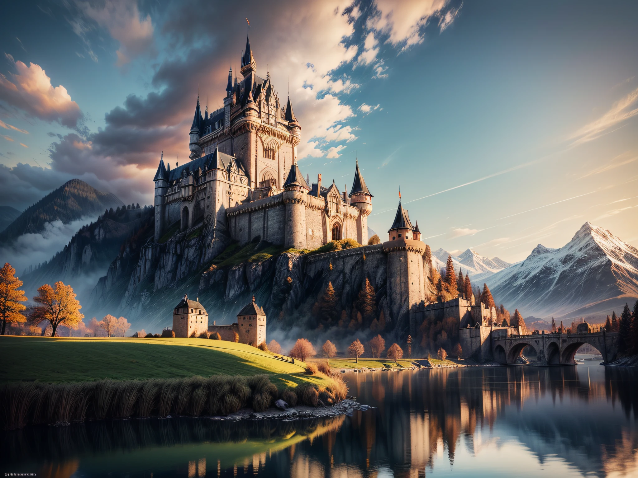 arte de fantasia, Arte RPG, fotográfico, Imagem com qualidade da National Geographic, premiado, (melhor detalhado: 1.5), (melhor qualidade: 1.5) foto de um 1solocastle épico perto do lago ao amanhecer, o castelo da Idade Média é mestre crat artistry, há (4 torres: 1.2), (paredes maciças: 1.2), (barbacãs: 1.2), (bandeiras: 1.2), ( Abreviar: 1.2), todo o castelo está sendo refletido no lago em uma imagem perfeita (Melhores detalhes, melhor qualidade: 1.5), o lago é calmo e plácido, é amanhecer, o sol está nascendo, há algumas nuvens claras no céu, e raios de sol, behind the castle there is a missive snowy mountain as background melhor qualidade, (extremamente detalhado), foto ultra ampla, fotorrealismo, profundidade de campo, hiper-realista, 2.5 renderização,