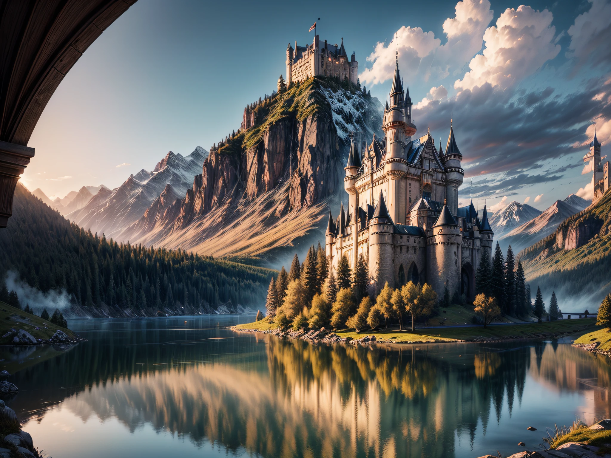 fantasy art, RPG art, photographic, National Geographic quality picture, award winning, (Best Detailed: 1.5), (best quality: 1.5) picture of an epic 1solocastle near the lake at dawn, the Middle ages castle is master crat artistry, there are (4 towers: 1.2), (massive walls: 1.2), (barbicans: 1.2), (flags: 1.2), ( a bridge: 1.2), the entire castle is being reflected in the lake in  a perfect image (Best details, Best quality: 1.5), the lake is calm and placid, its dawn, the sun is rising, there some light clouds in the sky, and sun rays, behind the castle there is a missive snowy mountain as background best quality, (extremely detailed), ultra wide shot, photorealism, depth of field, hyper realistic, 2.5 rendering,