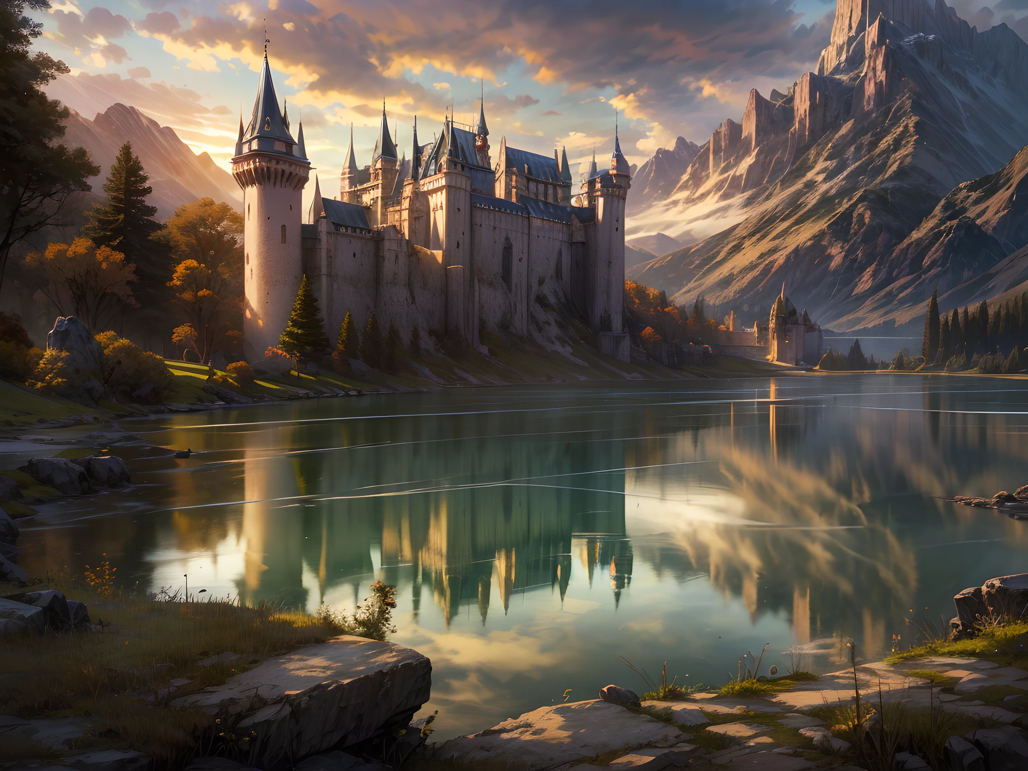 art fantastique, Art du RPG, photographique, Image de qualité National Geographic, primé, (le mieux détaillé: 1.5), (meilleure qualité: 1.5) photo d&#39;un château solo épique près du lac à l&#39;aube, le château du Moyen Âge est un art de maître, Il y a (4 tours: 1.2), (murs massifs: 1.2), (barbacanes: 1.2), (drapeaux: 1.2), ( un pont: 1.2), le château entier se reflète dans le lac dans une image parfaite (meilleurs détails, meilleure qualité: 1.5), le lac est calme et placide, c&#39;est l&#39;aube, Le soleil se lève, il y a quelques légers nuages dans le ciel, et les rayons du soleil, behind the castle there is a missive snowy mountain as background meilleure qualité, (extrêmement détaillé), plan ultra large, photoréalisme, profondeur de champ, hyper réaliste, 2.5 rendu,