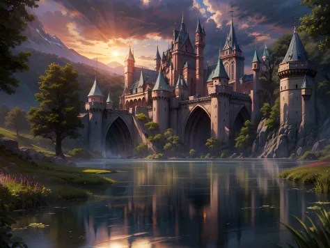 fantasy art, RPG art, photographic, National Geographic quality picture, award winning, (Best Detailed: 1.5), (best quality: 1.5) picture of an epic 1solocastle near the lake at dawn, the Middle ages castle is master crat artistry, there are (4 towers: 1.2...