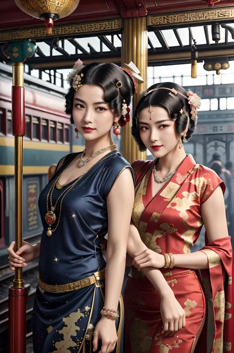 Two beautiful girls,leering:1.4, Lovers, lesbians,(in the railway station 1920's Shanghai,retro train background:1.6),(Taoist ha...