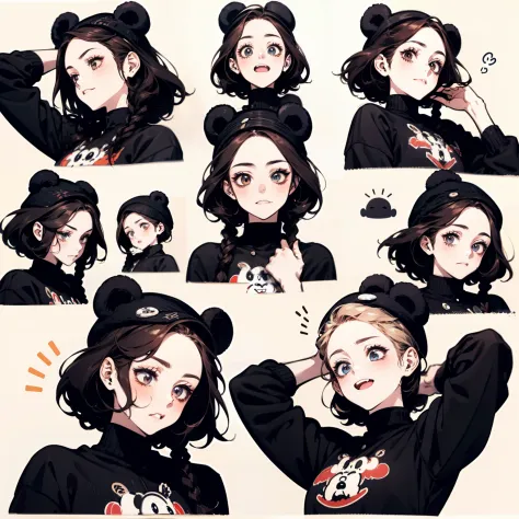 Cute girl avatar，Emoji pack，（Bear hat），(9 emojis，emoji sheet of，Align arrangement)，9 poses and expressions（grieves，astonishment，having fun，exhilarated，big laughter，Angry，doubt，Touch your head，Sell moe, wait），Anthropomorphic style，Disney style，Coffee-colore...