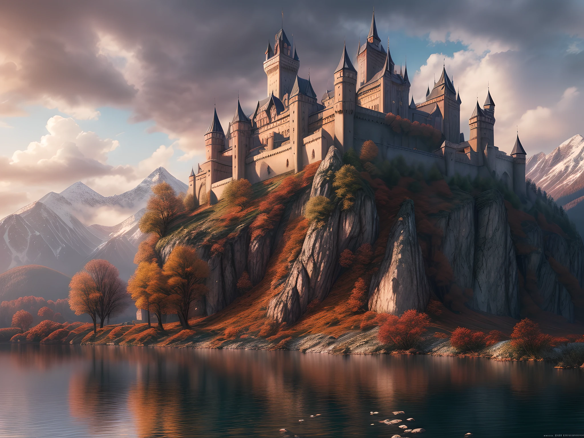 幻想藝術, RPG 艺术, 摄影, 國家地理品質圖片, 得獎, (最好详细: 1.5), (最好的品質: 1.5) 黎明時湖邊一座史詩般的 1solocastle 的照片, 它是一座中世紀城堡，它是藝術大師, 最先進的軍事建築, 非常適合保衛其國王, 雄偉的城堡,  有 (4 座塔: 1.2), (巨大的牆壁: 1.2), (外堡: 1.2), (旗幟: 1.2), ( 一座橋: 1.2), (橫幅高高飄揚: 1.3)整個城堡倒映在湖水中，形成完美的影像 (最好的細節, 最好的品質: 1.5), 湖面平靜而平靜, 天亮了, 太陽正在升起, 天空中有一些輕雲, 和太陽光線, behind the castle there is a missive snowy mountain as background 最好的品質, (非常詳細), 超广角拍摄, 照片寫實主義, 景深, 超現實, 2.5 渲染,