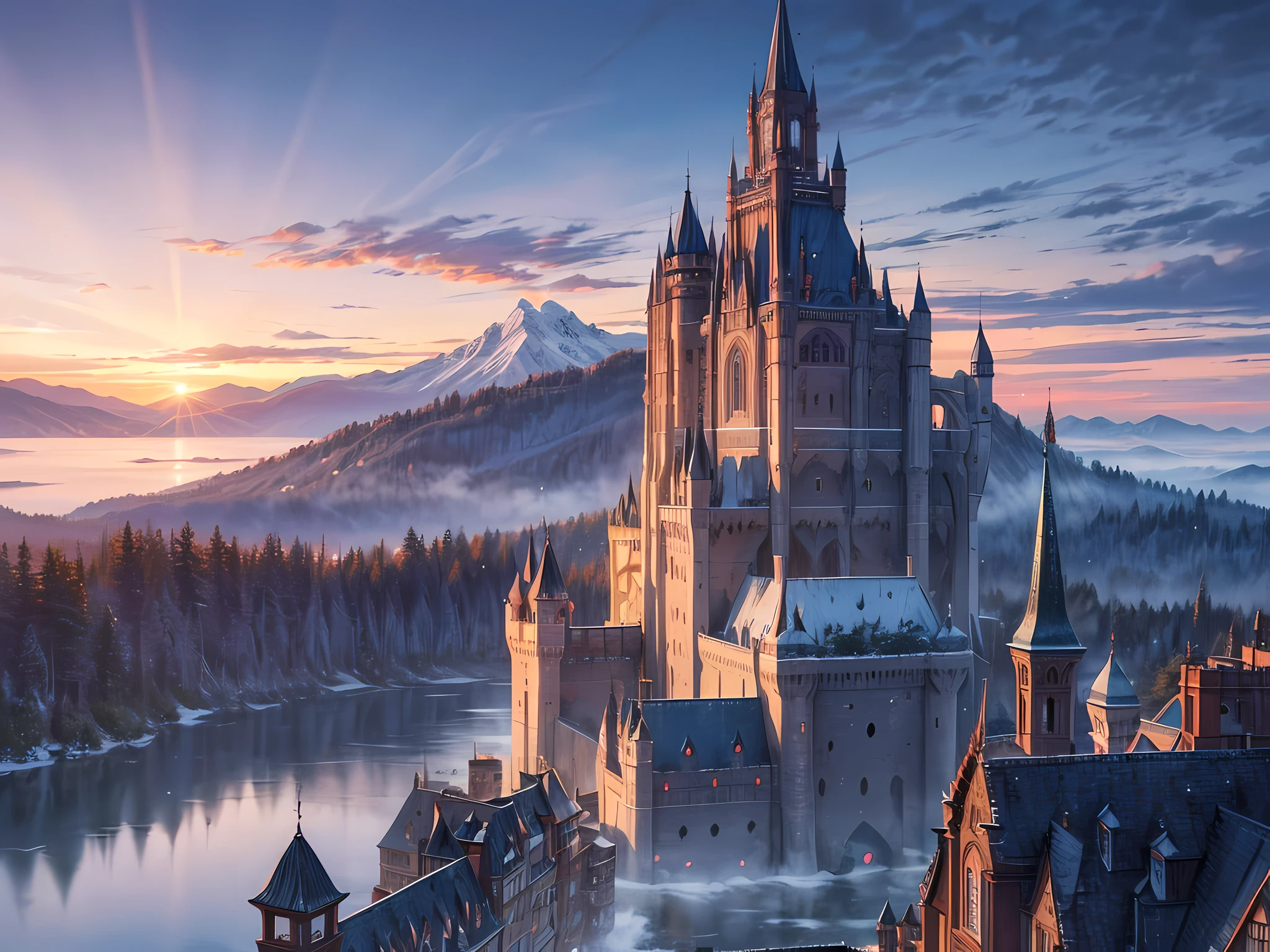 fantasy art, RPG art, photographic, National Geographic quality picture, award winning, (Best Detailed: 1.5), (best quality: 1.5) picture of an epic 1solocastle near the lake at dawn, its a Middle ages castle it is master crat artistry, state of the art military architecture, perfect for defending its king, majestic castle,  there are (4 towers: 1.2), (massive walls: 1.2), (barbicans: 1.2), (flags: 1.2), ( a bridge: 1.2), (banners flying high: 1.3)the entire castle is being reflected in the lake in  a perfect image (Best details, Best quality: 1.5), the lake is calm and placid, its dawn, the sun is rising, there some light clouds in the sky, and sun rays, behind the castle there is a missive snowy mountain as background best quality, (extremely detailed), ultra wide shot, photorealism, depth of field, hyper realistic, 2.5 rendering,