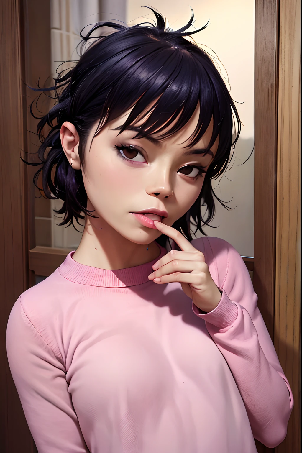 (masterpiece, best quality:1.2),  noodle (gorillaz), black hair, 1girl, black eyes, bangs,  parted lips, breasts, small breasts,  bob cut, absurdres, highres, 4k, ray tracing, perfect face, perfect eyes, intricate details, highly detailed, top-quality, (BlowJobFullQuiron style),
1girl, 1boy, hetero, penis, solo focus, sweater, lips, pubic hair, uncensored, erection, oral, fellatio, male pubic hair, realistic, pink sweater, leaned to penis
,