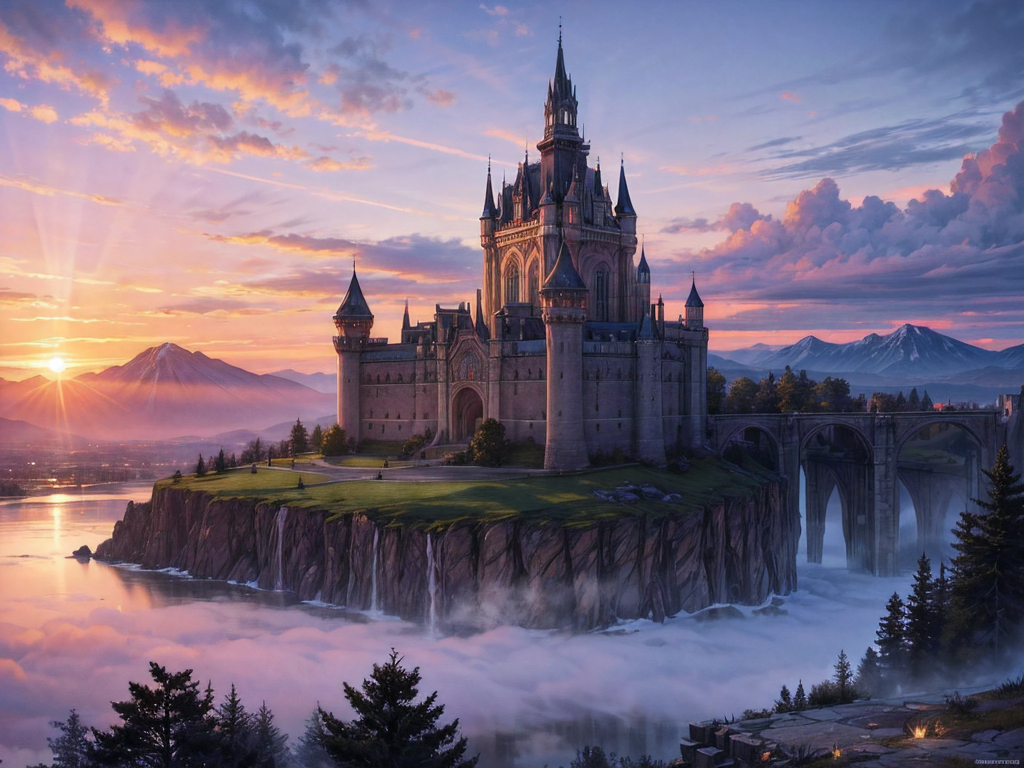 fantasy art, RPG art, photographic, National Geographic quality picture, award winning, (Best Detailed: 1.5), (best quality: 1.5) picture of an epic 1solocastle near the lake at dawn, its a Middle ages castle it is master crat artistry, state of the art military architecture, perfect for defending its king, majestic castle,  there are (4 towers: 1.2), (massive walls: 1.2), (barbicans: 1.2), (flags: 1.2), ( a bridge: 1.2), (banners flying high: 1.3)the entire castle is being reflected in the lake in  a perfect image (Best details, Best quality: 1.5), the lake is calm and placid, its dawn, the sun is rising, there some light clouds in the sky, and sun rays, behind the castle there is a missive snowy mountain as background best quality, (extremely detailed), ultra wide shot, photorealism, depth of field, hyper realistic, 2.5 rendering,