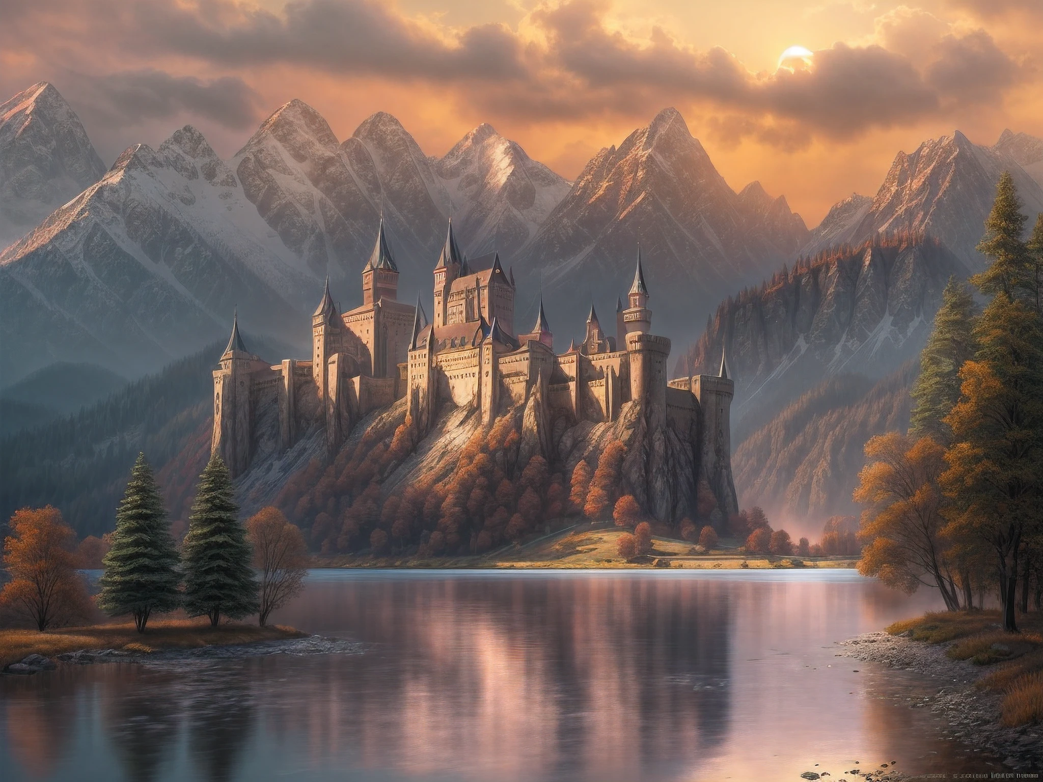 fantasy art, RPG art, photographic, National Geographic quality picture, award winning, (Best Detailed: 1.5), (best quality: 1.5) picture of an epic 1solocastle near the lake at dawn, its a Middle ages castle it is master crat artistry, state of the art military architecture, perfect for defending its king, majestic castle,  there are (4 towers: 1.2), (massive walls: 1.2), (barbicans: 1.2), (flags: 1.2), ( a bridge: 1.2), (banners flying high: 1.3)the entire castle is being reflected in the lake in  a perfect image (Best details, Best quality: 1.5), the lake is calm and placid, its dawn, the sun is rising, there some light clouds in the sky, and sun rays, behind the castle there is a missive snowy mountain as background best quality, (extremely detailed), ultra wide shot, photorealism, depth of field, hyper realistic, 2.5 rendering,