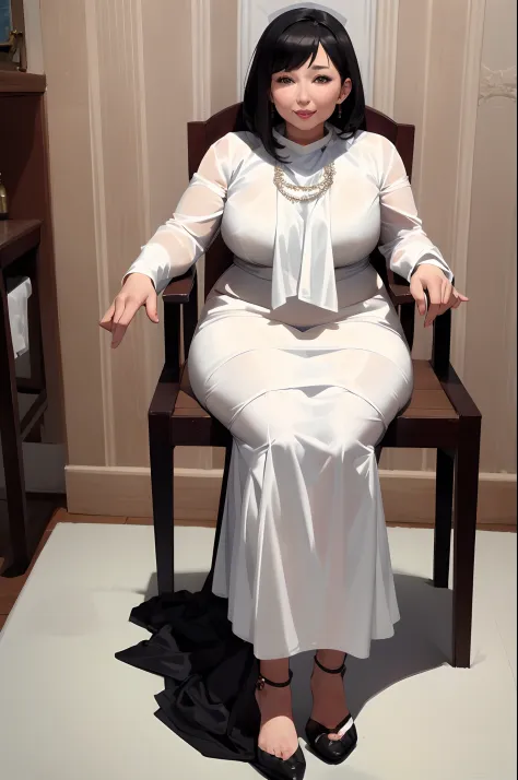 (Masterpiece, Best quality), 1girll, Beautiful face, sit on chair,  inside in room, Short black hair, White fitted long dress,Full-figured