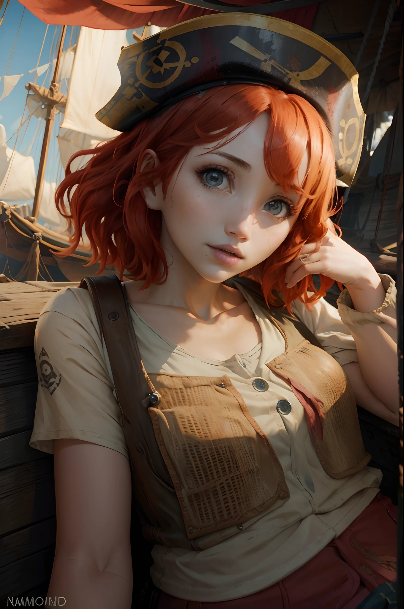 portrait of emilyrudd, nami, a woman, redhead,  short red hair, in a pirate ship,