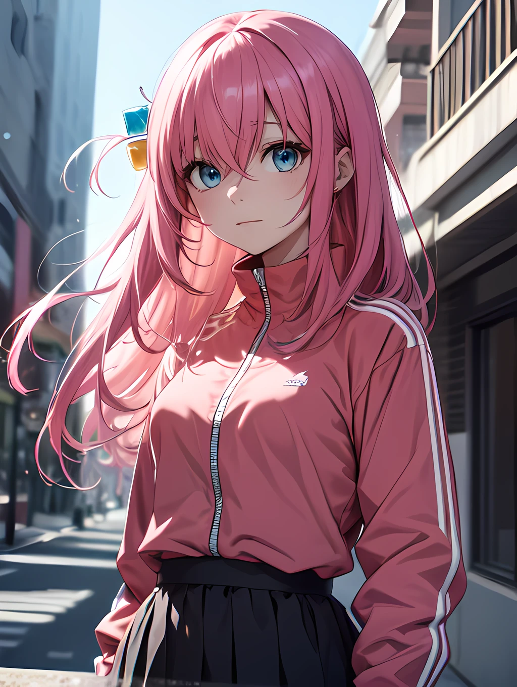 Masterpiece, best quality, high resolution, ((hitori gotou)), blue eyes, cube hair ornament, hair between eyes, hair ornament, pink hair, one side up, long hair, black skirt, jacket, long sleeves, pink jacket, track jacket, track suit, upper body, cyber