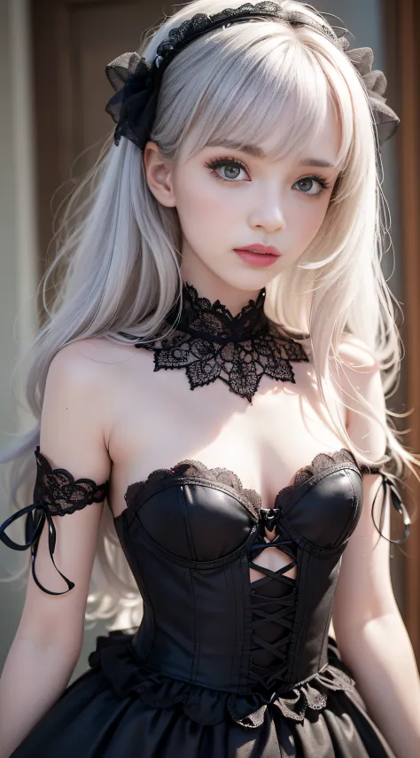 (((Masterpiece, top quality, super detailed))), One doll-like female in gothic lolita fashion, 14 years old, accurate anatomy (beautiful gray eyes, very large slitted eyes, delicate, lonely, beautiful eyes, very long eyelashes, thin nose, small mouth, thin...