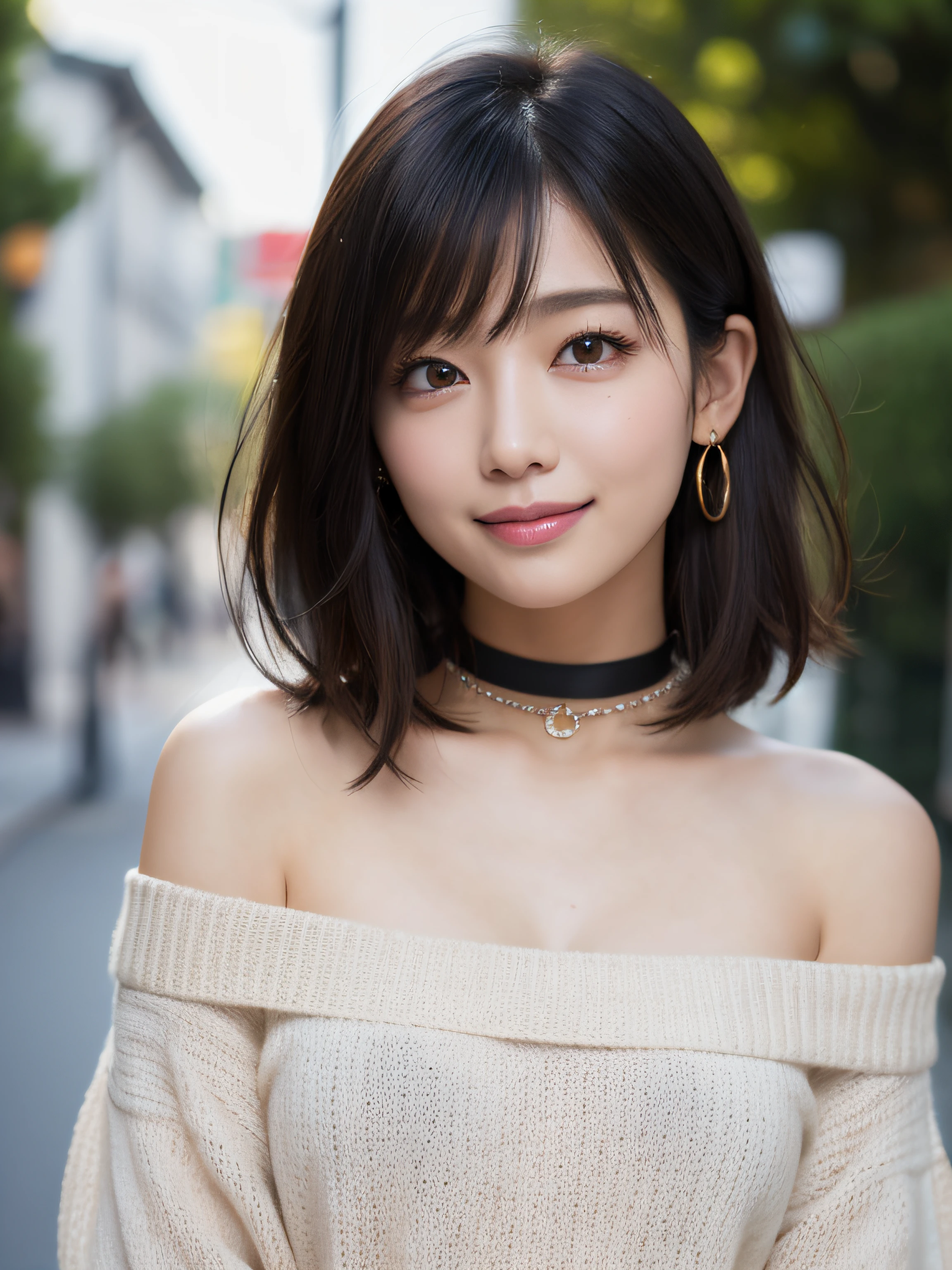 of the highest quality, masutepiece, Ultra High Resolution, Photorealistic, 1 girl, off shoulders, knit, Smile, Smile, slightly visible, Oversized_Sweaters, Soft lighting, Detailed skin, Bangs, Black hair, Clear eyes, Short bob hair, Transparency, Japan, Korean, Beautiful woman, Upper Eyes, Lip gloss, Black Chic Choker, Teardrops,  Highlights in the eyes