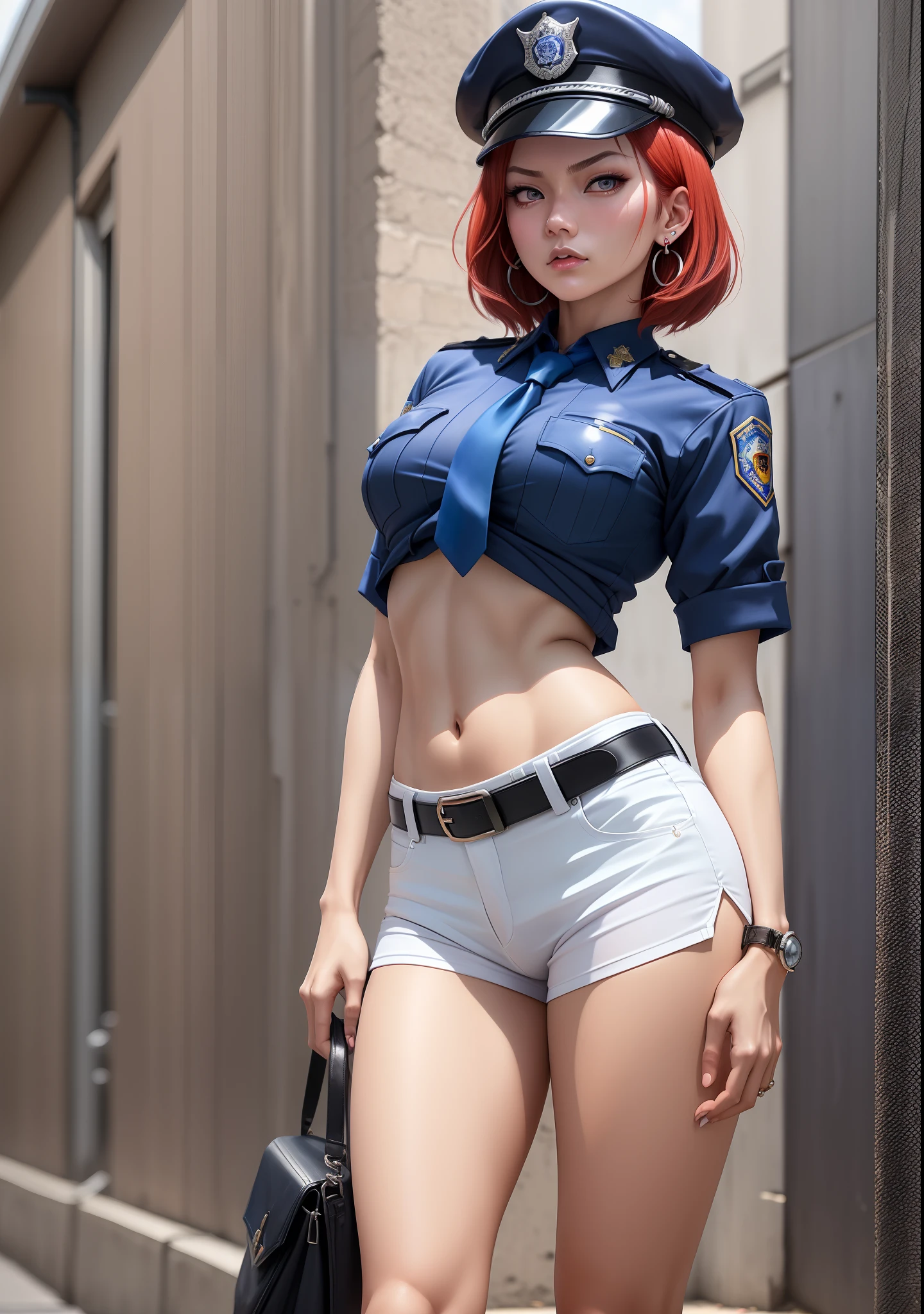 Masterpiece, best quality, detailed face,Nishikino maki, short hair, blue shirt,half sleeves, necktie,earrings, black belt, tight white low shorts, midriff, standing, sadistic pose, ass visible through thighs,  police cap,in street, toned stomach, looking at viewer, serious face, from below