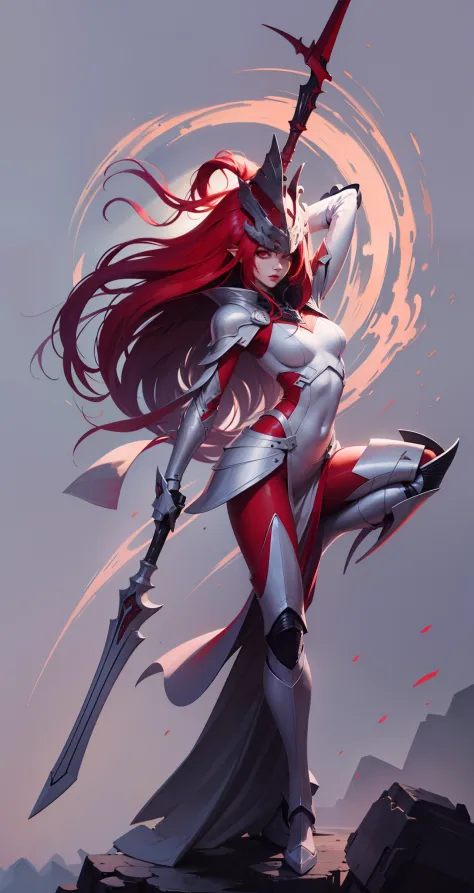 Eldar girl in white detailed armor. Red long developing hair. Detailed helmet with red glowing eyes.