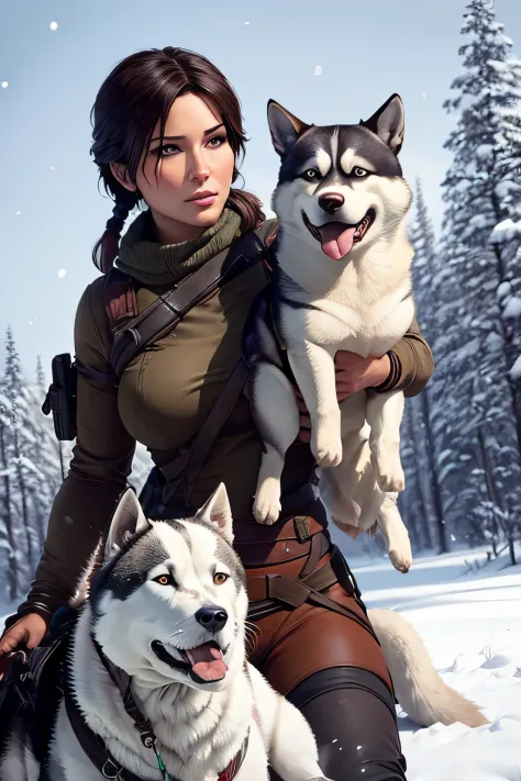 Lara Croft in the snow with 2 huskies on her side