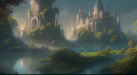Elven city by the riverbank is enveloped in a soft twilight glow. The setting evokes the dreamlike worlds of Studio Ghibli and t...