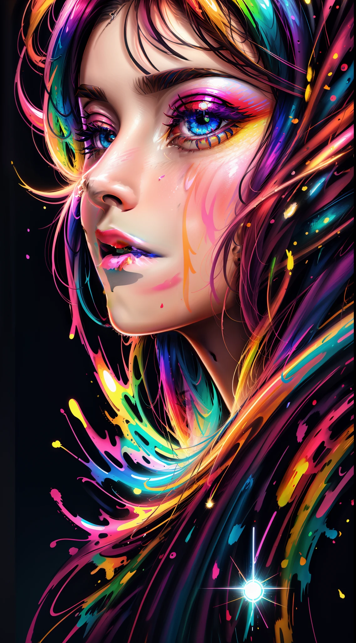 uma mulher com tinta colorida no rosto e no cabelo, gotejamento com cor, arte colorida bonita!, lindo arte digital, pintura de arte, Bela arte UHD 4K, retrato abstrato, arte colorida, linda arte digital linda, Arte de Alessandro Pautasso, rosto submerso em óleos coloridos, pintura colorida, Belo retrato fluido acrílico, tinta colorida, arte digital impressionante, arte colorida