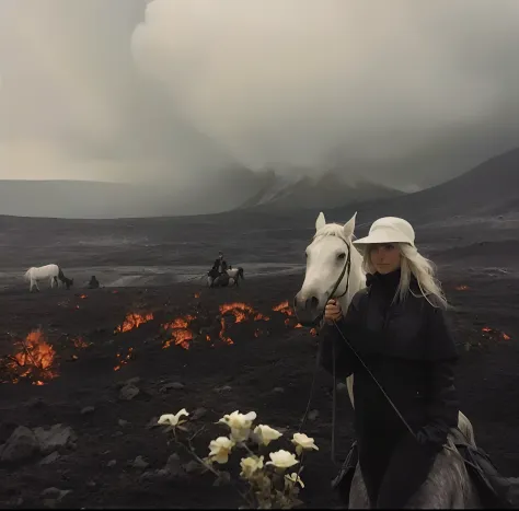 There was a woman riding a horse in the field, in volcano, in volcano, Louisa Matthiasdotil, Inspired by Anne Leibovitz, author：Emma Andievska, author：Ren Renfa, black volcano afar, photography alexey gurylev, In the volcano, iceland photography, 👰 🏇 ❌ 🍃