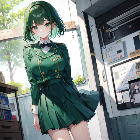 short dark green hair and flush bangs,，Uniform Soft Girl, 独奏