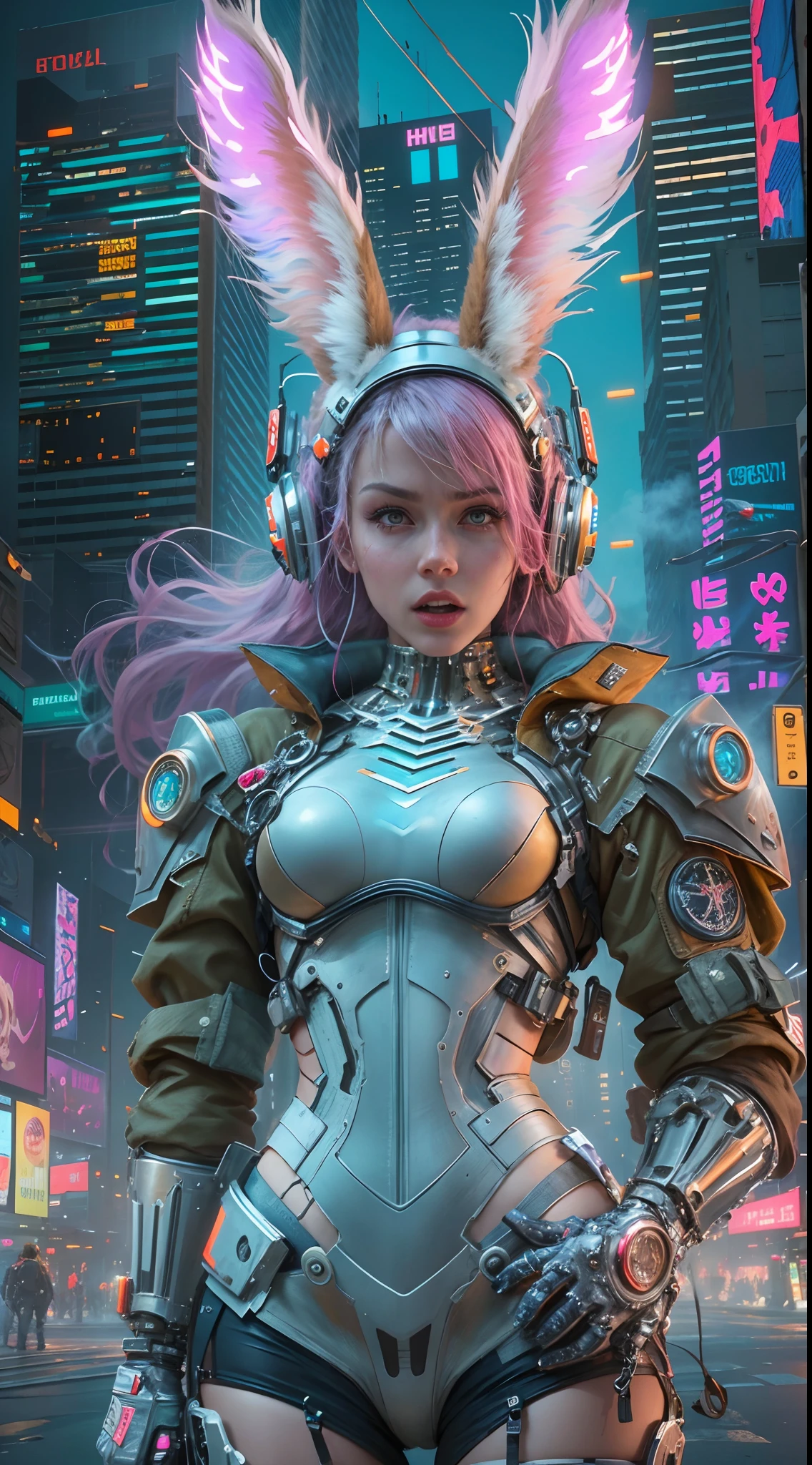 (meilleure qualité,4K,8k,Une haute résolution,chef-d&#39;œuvre:1.2),Ultra-détaillé,(réaliste,photoréaliste,photo-réaliste:1.37),cyberpunk,fille,mécanique,Animer,métallique,néons,yeux brillants,engrenages métalliques,machinerie,membre robotique,Paysage urbain futuriste,cheveux roses,mode contemporaine,implants cybernétiques,Interface numérique,Scène de nuit,mystérieux,Technologie,urbain,sable,dystopique,Posture énergétique,composition dynamique,Murs de graffitis,couleurs vives,lumières de la ville,Ambiance électrique,effets de pépin,punk à vapeur,mécanique wings,oreilles de lapin,style de rue,intelligence artificielle,arme de haute technologie,expression féroce,urbain exploration,voler dans les airs,fond d&#39;univers,éléments de science-fiction,urbain chic,Progrès technologique