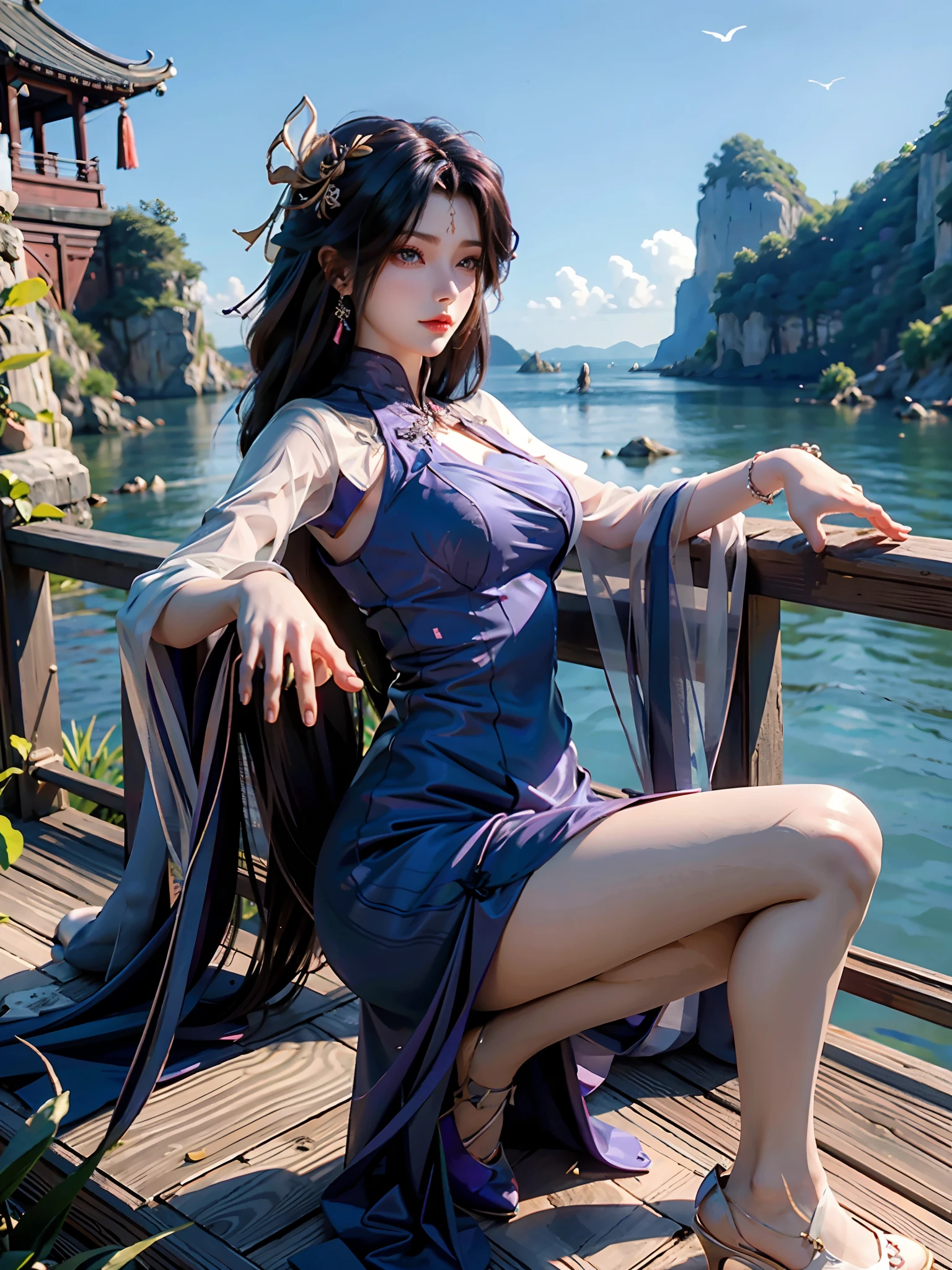 （（top-quality，16k，tmasterpiece：1.3）），（（（Yun Xi）），Beautiful Women in Perfect Shape：1.3，（（lewd poses）），（（（high-heels））），（Have by the sea），（（Antique long dress）），（（Squat））