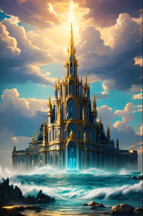 Anime- , 16k,Best quality at best，ultra-detailliert，cinematic compositions，absurderes，cg render，HD-AR，Shine with gold，buliding，god light，Versailles style，Fantastic sky concept art stunning atmosphere, The abode of the god of the sea,