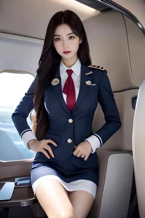 Top Quality, Masterpiece, 8K, Ultra High Definition, (Photorealistic: 1.4), 1 Girl, Beautiful Face, Symmetrical Eyes, Big, Perfect Body Proportions, Stewardess Uniform, Viewer's Look, (Inside the Airplane: 1.2), Front View, Shoulder Jump, Absolute Area (1....