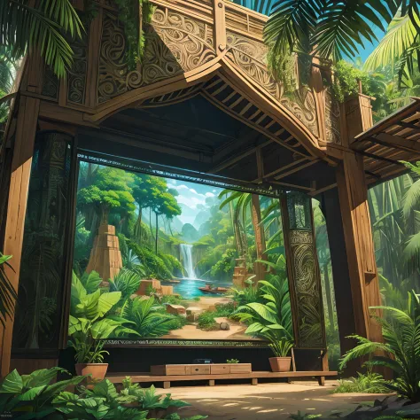 landmark, large screen in deep jungle, showing zentangle, primitive age