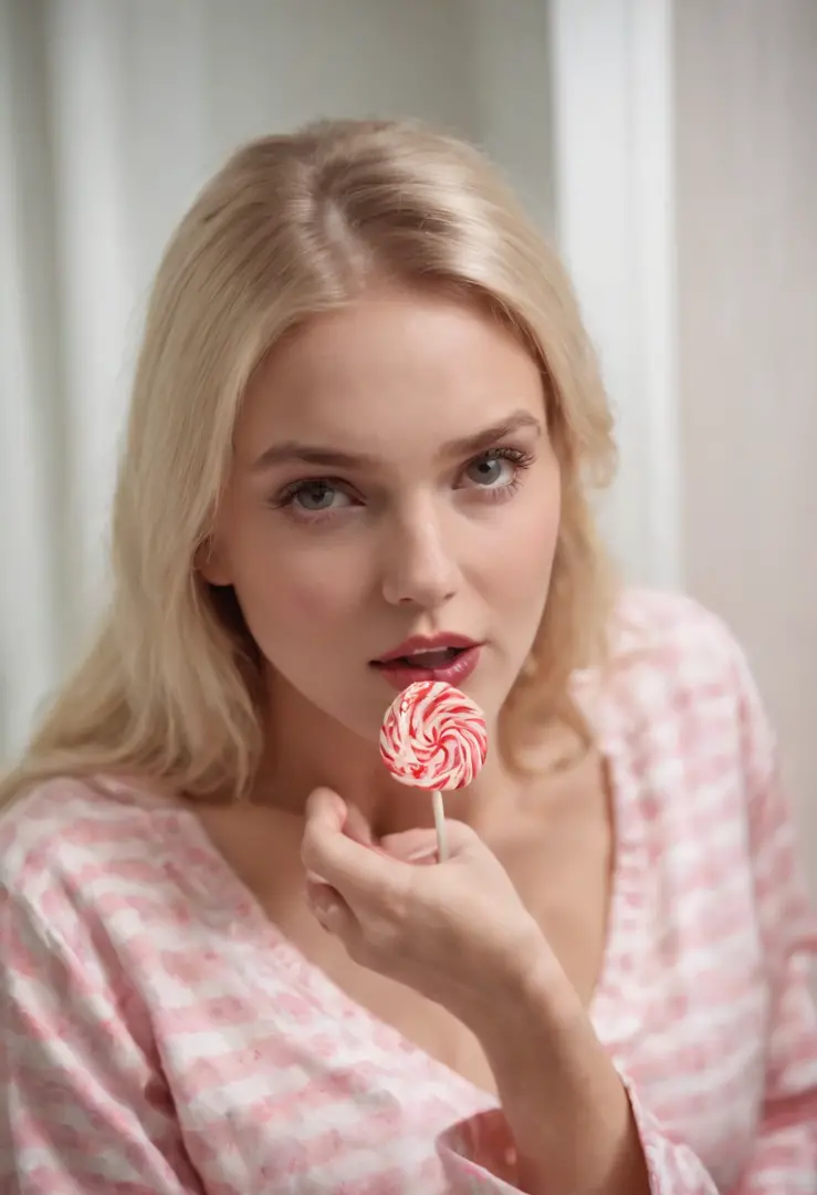 blonde girl in pyjamas in the bathroom, girl with big boobs, girl licks a lollipop