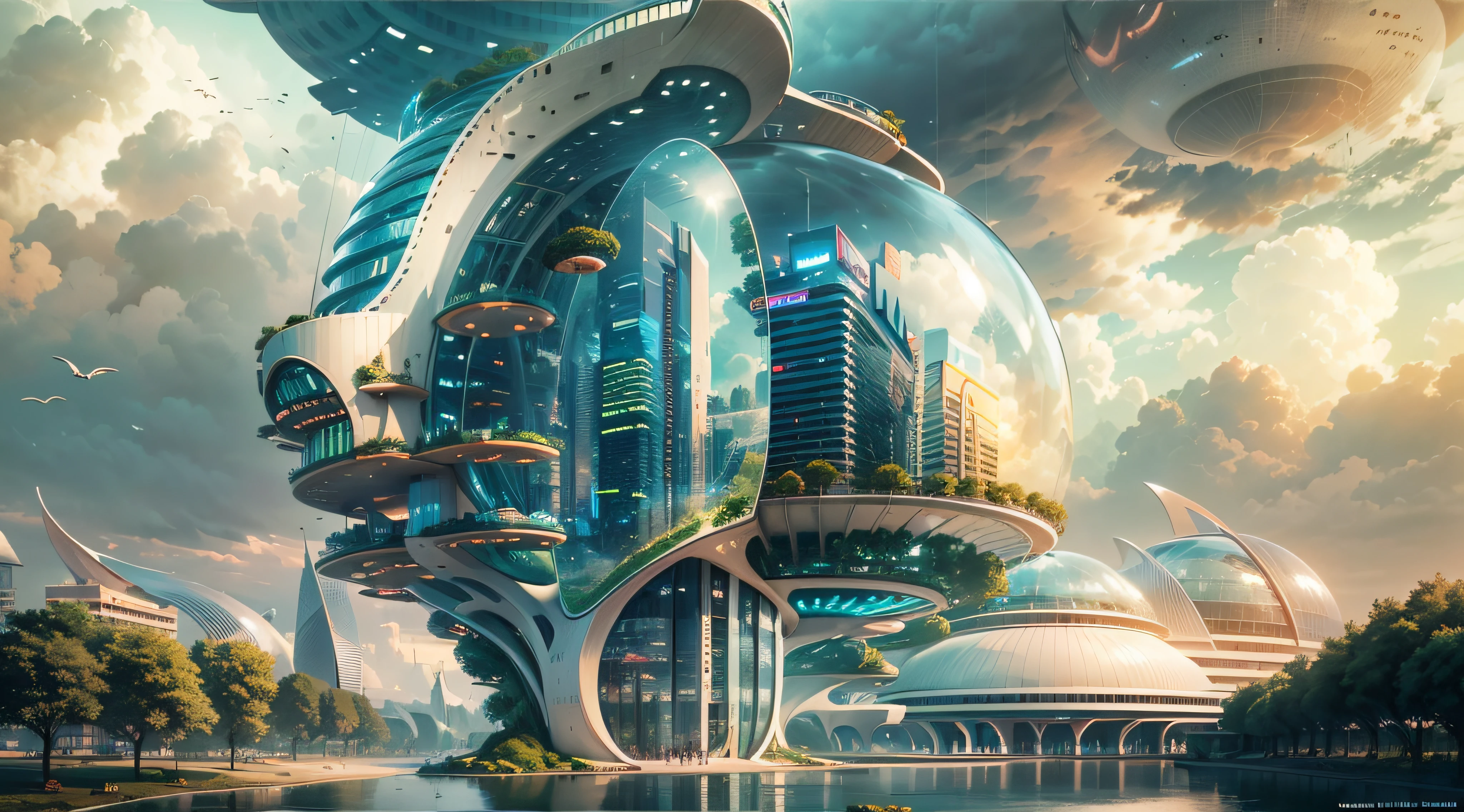 (Best quality,4K,8K,A high resolution,Masterpiece:1.2),Ultra-detailed,(Realistic,Photorealistic,photo-realistic:1.37),Futuristic floating city,Futuristic technology,Huge urban high-tech tablet platform,Airship,Floating in the sky,Futuristic city,Small airships around,High-tech hemispherical platform,Colorful lights,Advanced architecture,modernn architecture,skyscrapper,Access the cloud,Scenic beauty,view over city,Impressive design,Blend seamlessly with nature,energetic and vibrant atmosphere,Futuristic transportation system,Parking is suspended,Transparent path,Lush greenery,Sky gardens,cascading waterfalls,Magnificent skyline,reflections on the water,Sparkling river,Architectural innovation,futuristic skyscrapers,Transparent dome,The shape of the building is unusual,Elevated walkway,Impressive skyline,Glowing lights,Futuristic technology,Minimalist design,Scenic spots,Panoramic view,Cloud Piercing Tower,Vibrant colors,epic sunrise,epic sunset,Dazzling light display,magical ambiance,The future city,Urban Utopia,LuxuryLifestyle,Innovative energy,sustainable development,Smart city technology,Advanced infrastructure,Tranquil atmosphere,Nature and technology live in harmony,Awesome cityscape,Unprecedented urban planning,Architecture connects seamlessly with nature,High-tech metropolis,A cutting-edge engineering marvel,The future of urban living,Visionary architectural concept,Energy-efficient buildings,Harmony with the environment,A city floating above the clouds,Utopian dreams become reality,The possibilities are endless,State-of-the-art transportation network,Green energy integration,Innovative materials,Impressive holographic display,Advanced communication system,Breathtaking aerial view,Quiet and peaceful environment,Modernist aesthetics,Ethereal beauty