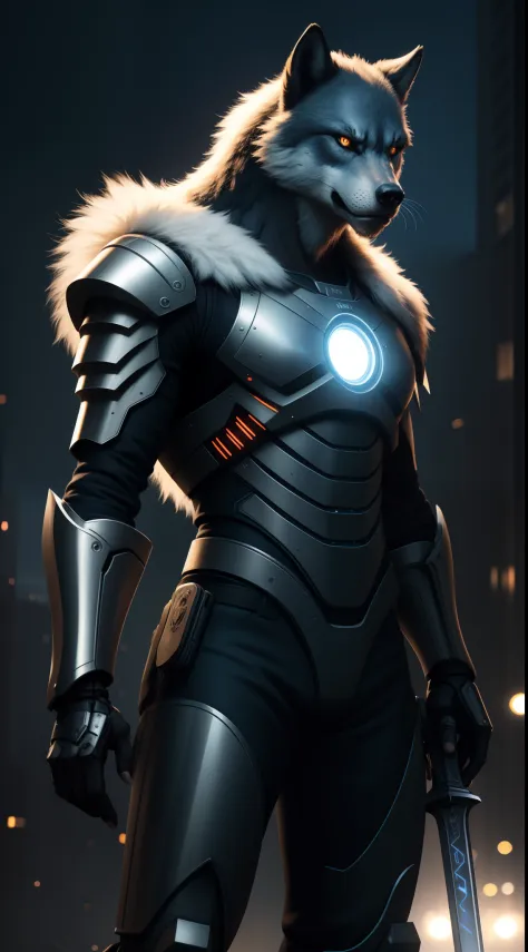 (best quality,4k,8k,highres,masterpiece:1.2),ultra-detailed,(realistic,photorealistic,photo-realistic:1.37),A warrior werewolf wearing a Cyborg armor and holding a PlayStation 5 graphics 3D sword.3D rendering,metallic material,glowing eyes,fur texture,shar...
