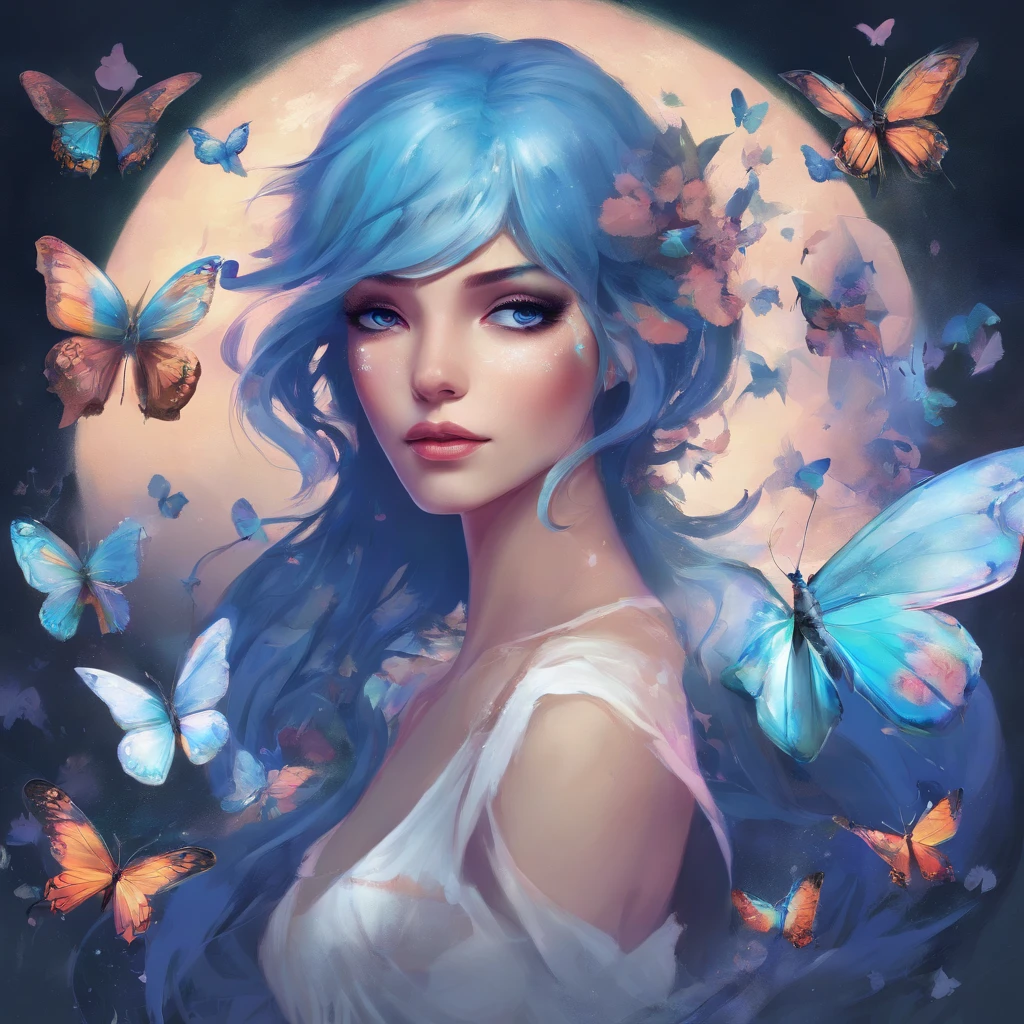 Woman with blue hair and butterflies, flying around her, beautiful gorgeous digital art, beautiful digital art, Very beautiful digital art, gorgeous digital art, beautiful fairy, Fantasy is beautiful, digital art image, beautiful fairies, beautiful fantasy art portrait, Unearthly beauty, beautiful fantasy portrait, digital art fantasy, Beautiful!!! Digital Art, Dreamy art, beautiful fairy, ethereal!!! ultra realistis