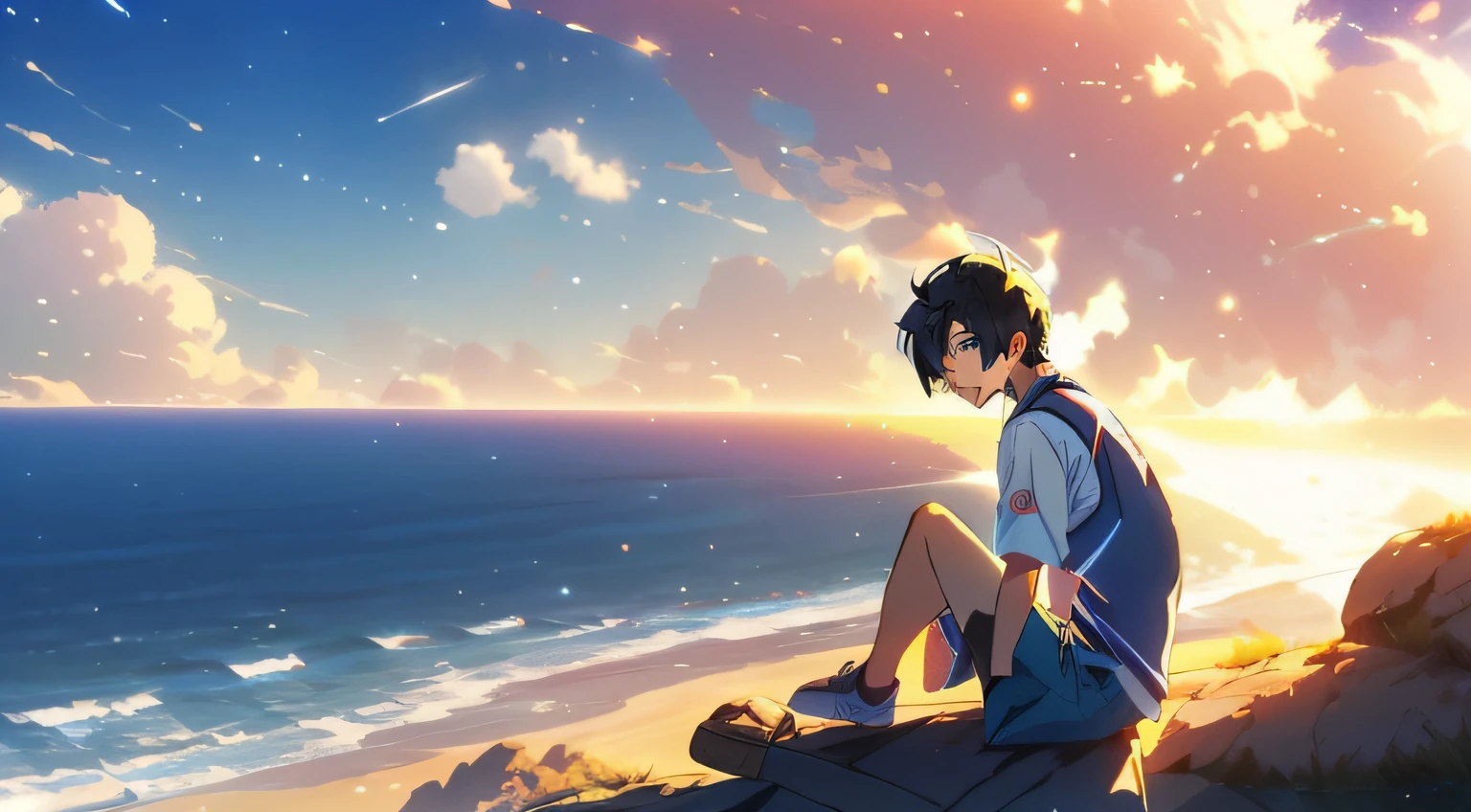 Anime-Junge sitzt auf einem Felsen und schaut aufs Meer, Makoto Shinkai Cyril Rolando, 4K-Anime-Hintergrundbild, Shinkai aufrichtig, Blaues Meer. von Makoto Shinkai, makoto sinkai, Anime-Kunst-Tapete 4k, Anime-Kunst-Hintergrundbild 4K, Makoto Shinkai!, Makoto Shinkai. —h 2160