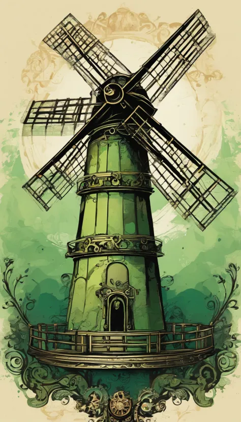 ink paint, A windmill, simple logo design, magic, vibrant pale green colors, dark background, dark magic splash, dark, in the style of Studio Ghibli