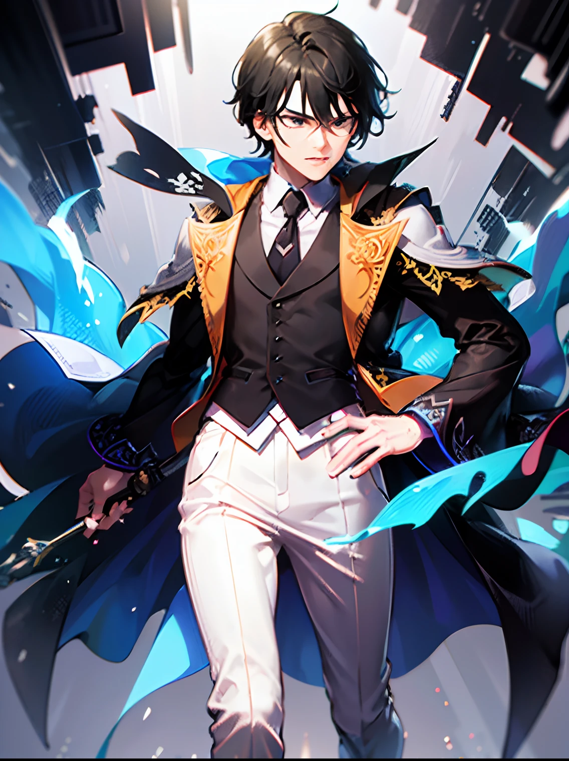 black hair, short hair, 1boy, handsome, black robe, white shirt, vest, full body, masterpiece, best quality, super detail of face, high res, black eyes, volumetric lighting, dynamic pose, perfect eyes, intricately detailed face, intricately detailed clothes,