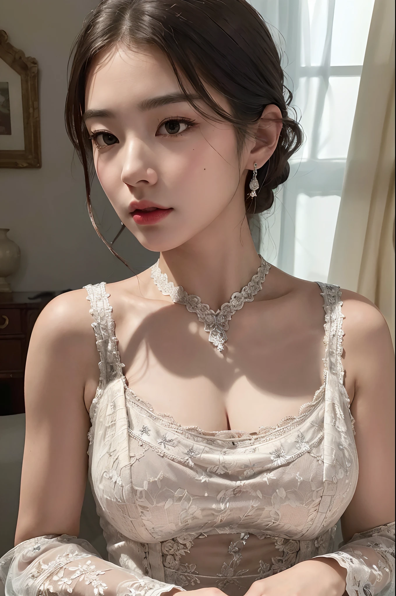 best quality, masterpiece,intricate detail, depth of field,highest quality,extremely detailed,high res,4k,ultra high res,detailed shadow,ultra realistic,realistic,dramatic lighting, 1girl, solo,detailed face,detailed eye,realistic skin,narrow waist,lace, lace trim,dress,delicate pattern, intricate detail,