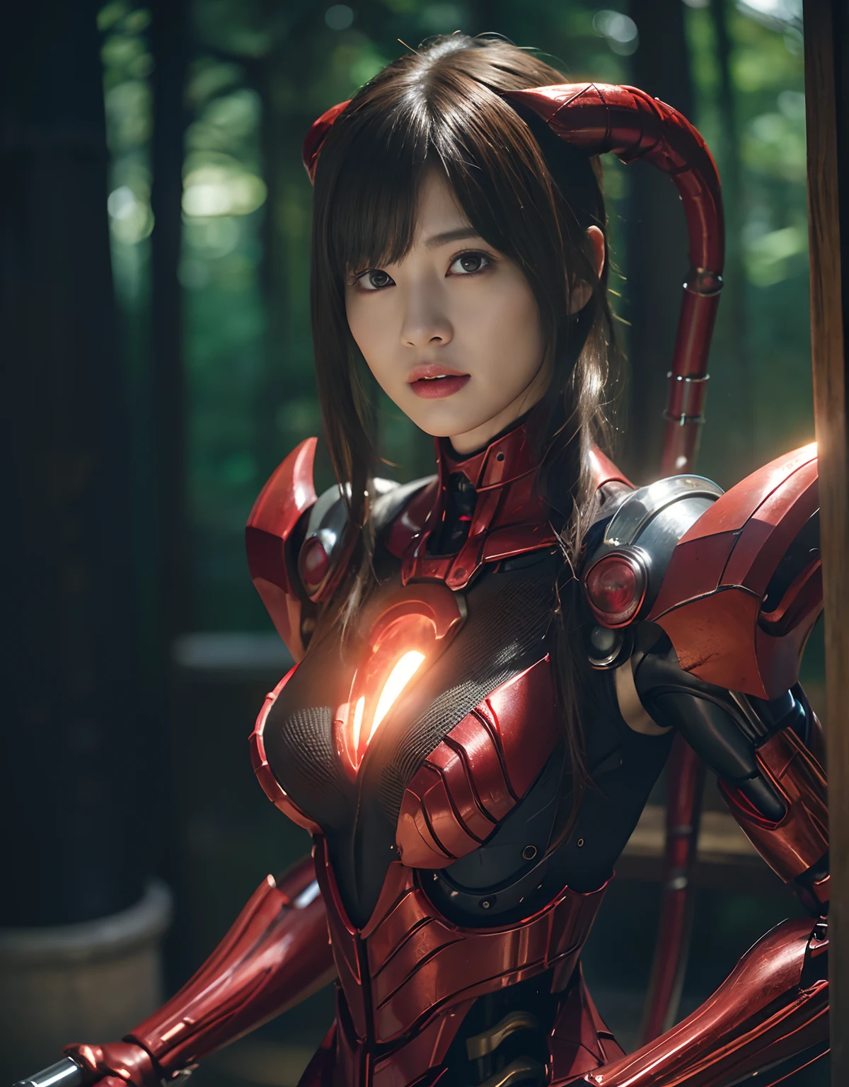 (1 Mechanical Girl)、top-quality、​masterpiece、超A high resolution、(Photorealsitic:1.4)、Raw photo、女の子1人、Fight mutants、glowy skin、(((1 Mechanical Girl)))、With a beautiful knife、（Blue Metal Bodysuit）、（Fight fiercely against aliens）、Fight fiercely、(beautiful forest background)、(Fighting Demonic Beasts)、(Small LED)、((super realistic details))、portlate、(Strong giant demon beast background),globalillumination、Shadow、octan render、8K、ultrasharp、Colossal 、Raw skin is exposed in cleavage、metals、Details of complex ornaments、Japan details、highly intricate detail、Realistic light、(Mystical expression),CGSoation Trends、Red Eyes、radiant eyes、Facing the camera、neon detailechanical limbs)、(blood vessels connected to tubeechanical vertebrae attached to the back、mechanical cervical attaching to neck、(Wires and cables connecting to the head)、Gundam、Small LED、,Mechanical thighs、Toostock、（Hands are also made of machines）、（Attack of the Monster Beasts）、（Wounded in a deadly battle）、