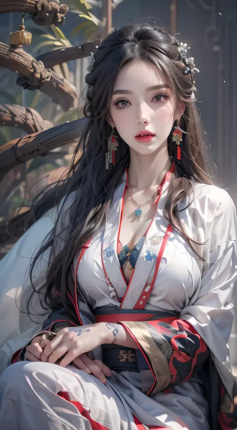 photorealistic, high resolution, 1 woman, hips up, beautiful eyes, long hair, ringed eyes, jewelry, tattoo, hanfu, chinese fairy...