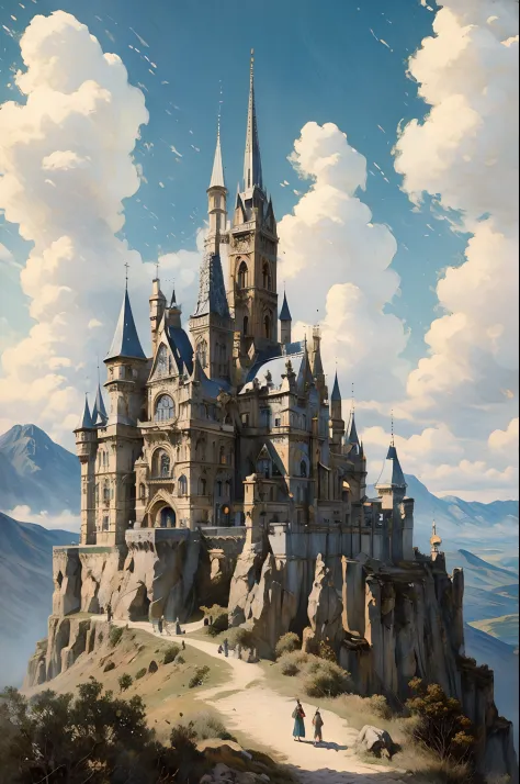 ((without people)) ((nobody)) Vintage Victorian style, Precise vintage encyclopedia (best quality:1.2), (detailed:1.2), (masterpiece:1.2), vintage illustrations of a medieval european castle on a mountain, clue sky white clouds