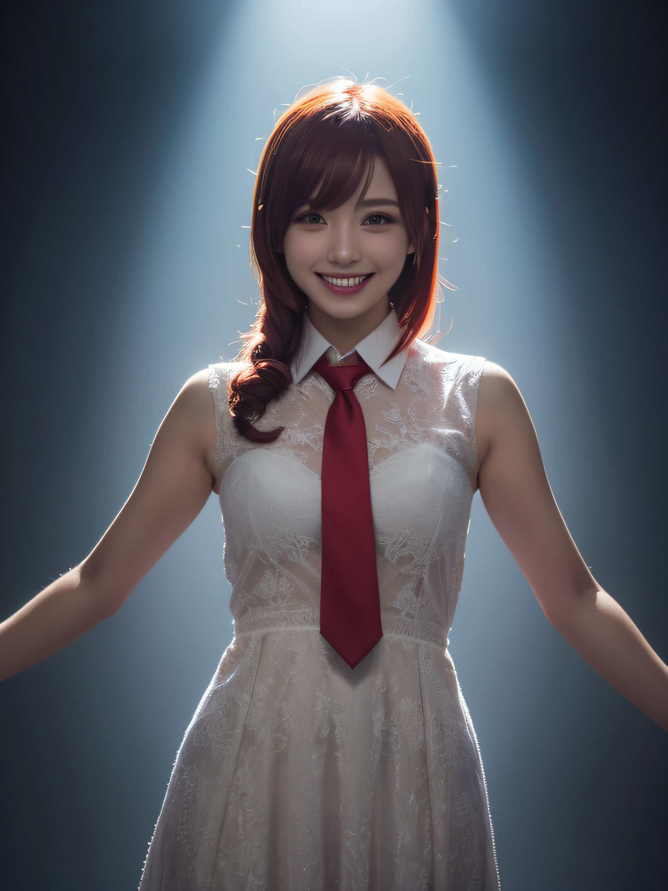 Highly detailed, 8K, masutepiece, 1girl in, Red tie_hair, Dress , Crazy_Smile, (Perfect_Face), Detailed_Background, full_Body, bloom,(Beautiful lighting:1.3), Caustics, Dynamic lighting, from a_Below