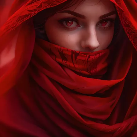 Close up portrait of woman wearing red scarf and red hood, beautiful portrait photo, Dressed in a beautiful red cloak, red scarf...