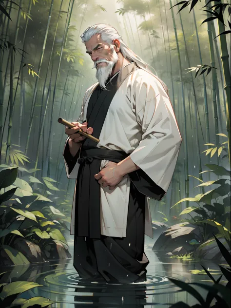 Deep in the bamboo forest, Chinese Ancient Times，raining day, A middle-aged male, 50yearsold, With a beard，long whitr hair，emaci...