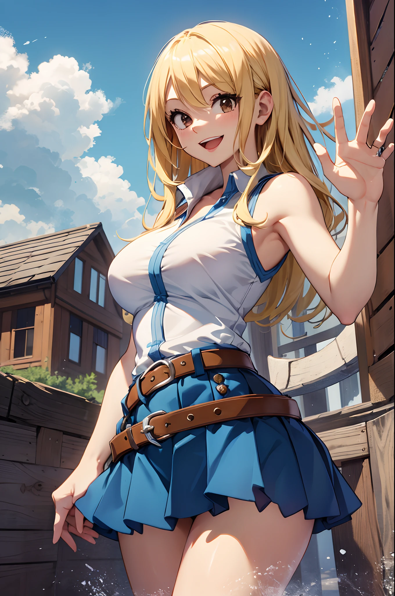 masterpiece, best quality, highres, lucy heartfilia, blonde hair, long hair, large breasts, white shirt, sleeveless, belt, blue skirt, cowboy shot, standing, looking at viewer, outdoors, waving, smile, open mouth,