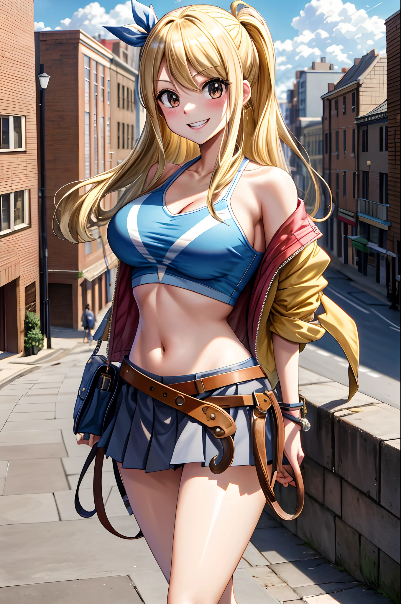 masterpiece, best quality, highres, lucy heartfilia, blonde hair, long hair, large breasts, jacket, crop top, bare shoulder, show stomach, belt, pleated skirt, cowboy shot, standing, looking at viewer, city road, outdoor, modern city road, blush, shy, smile, show teeth, stocking,