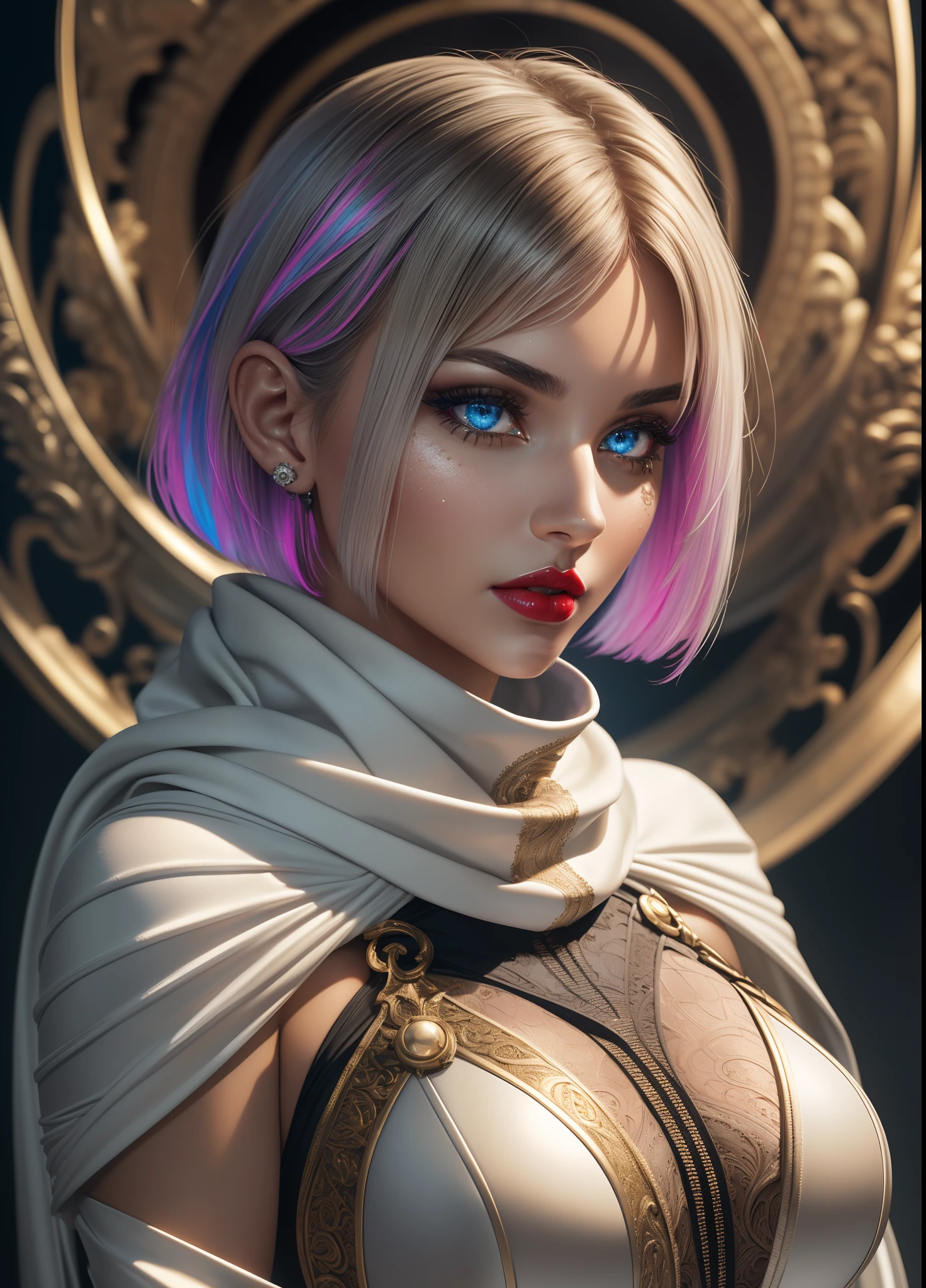 (Masterpiece) realistic bust to the below the pelves of a beauty hyperrealist & photorealist beauty young astonishing anime KNIGHT PRINCESS girl in highly & extremely detailed white futuristic combat plugsuit body with cape & scarf (masterpiece), magic & incantation glowing flying surrounded her, Unity 8k, pearly perfect WET skin with pores (short bob cut hair with colorful bangs fringes) ((perfect face shapes, complete perfect red lips, perfect nose, correct beautiful eyes, eyelashes, detailed intricate iris textured face in ZBrush)), full HD vines, midnight aura, BLOODBOURNE aesthetic STYLE, developed by Unreal Engine 5, Ultra Sharp Focus, Art by Alberto Seveso, Sci-Fi, vibrant & intricate Artwork, golden Ratio, epic, HR Giger STYLE