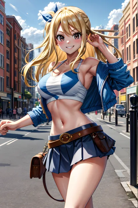 masterpiece, best quality, highres, lucy heartfilia, blonde hair, long hair, large breasts, jacket, crop top, bare shoulder, sho...