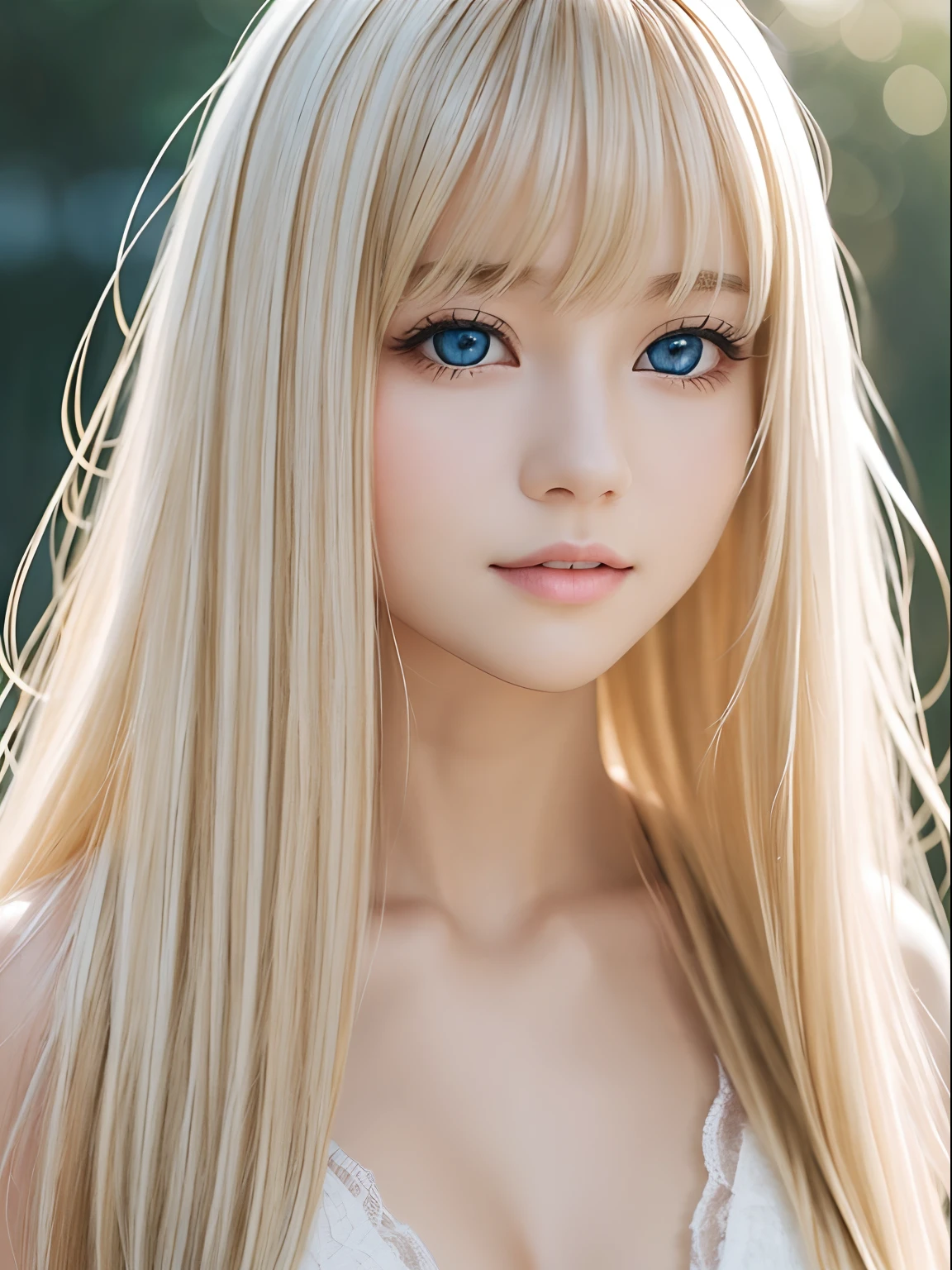 beautiful skin with white luster、Blonde hair color changing with light、Long bangs block the view、Highlights of cheek luster、Sexy and very beautiful nice cute gorgeous face、The most beautiful face in the world、Super Long Gorgeous Spare Blonde Hair、Smooth straight hair、Big, Shining light blue eyes、Beautiful bangs、Beautiful cute girl at 