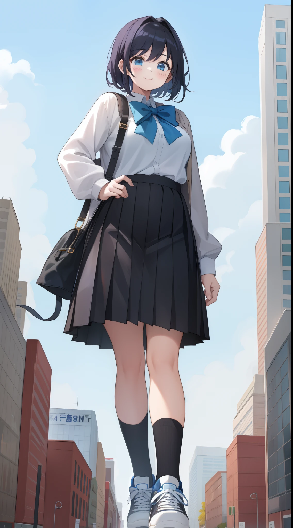 Anime girl in school uniform walking down a city street - SeaArt AI